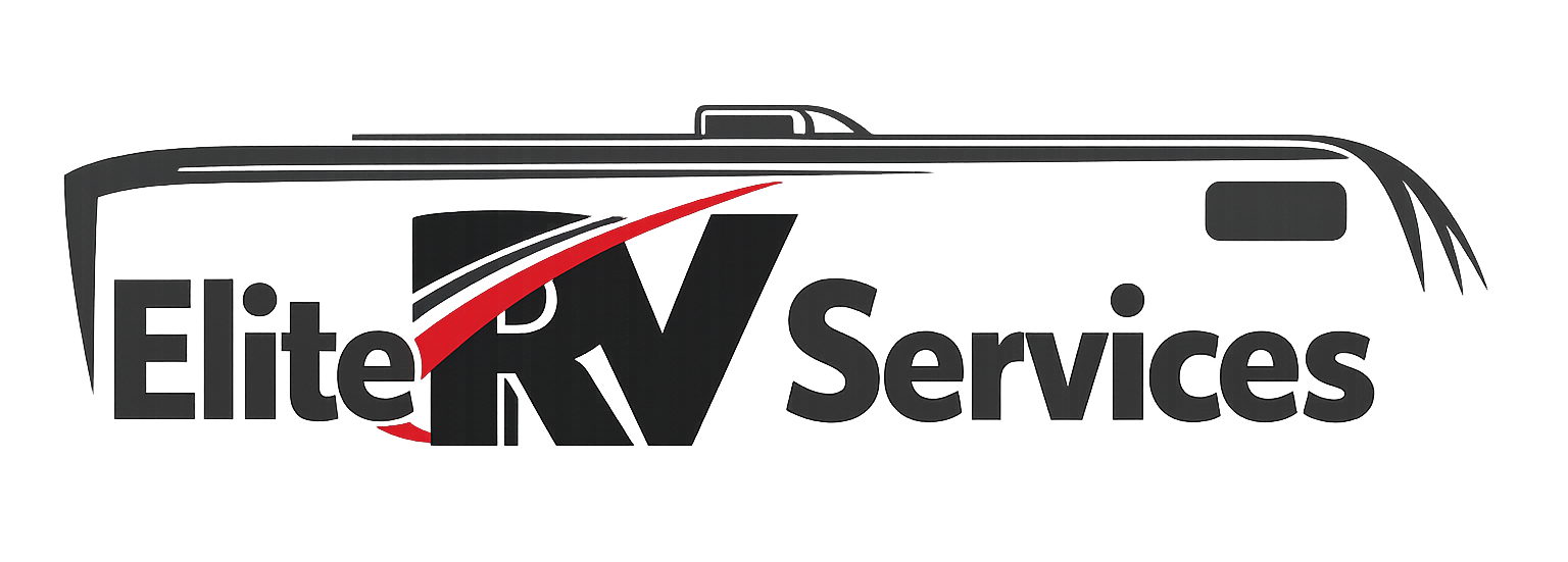 Logo of Elite RV Services with RV illustration.