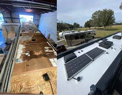 RV roof repair: before and after. Damaged roof stripped; finished roof with solar panels. Elite RV Services ad.