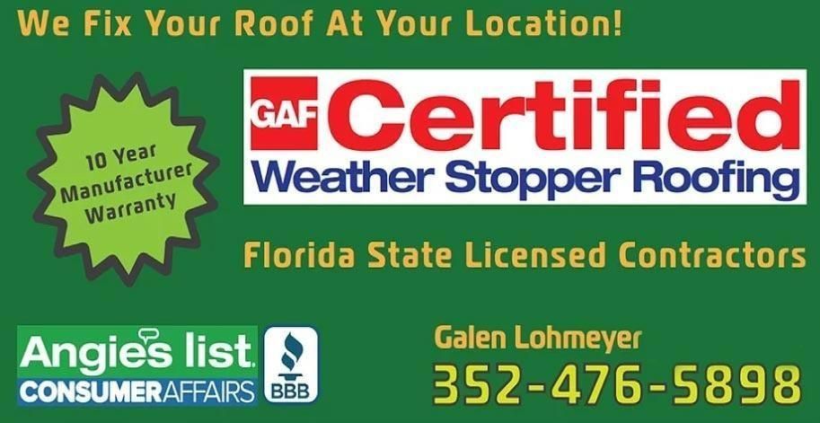 Roofing service advertisement with logo, 10 year warranty, and contact info. Green background with text in white, red and black.