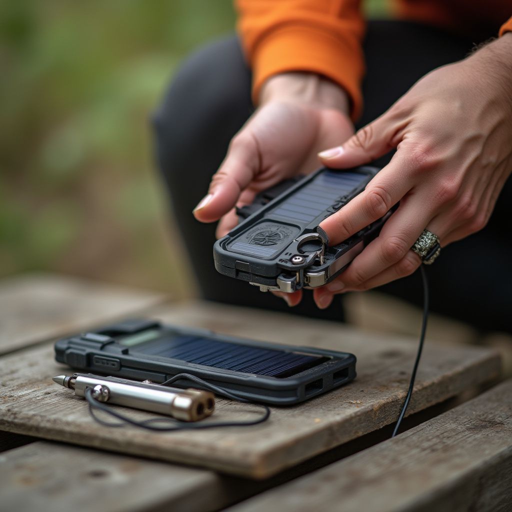 Four people in a forest, looking at EDC tools and gadgets that support their independence, privacy and survival readiness.