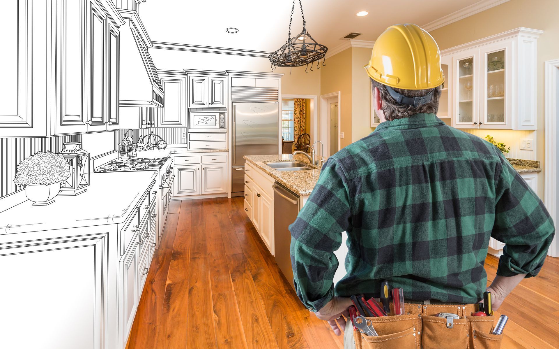 Experienced home remodeling contractor looking at custom kitchen drawing photo combination on white. Experienced home remodeling contractor looking at custom kitchen drawing photo combination on white.