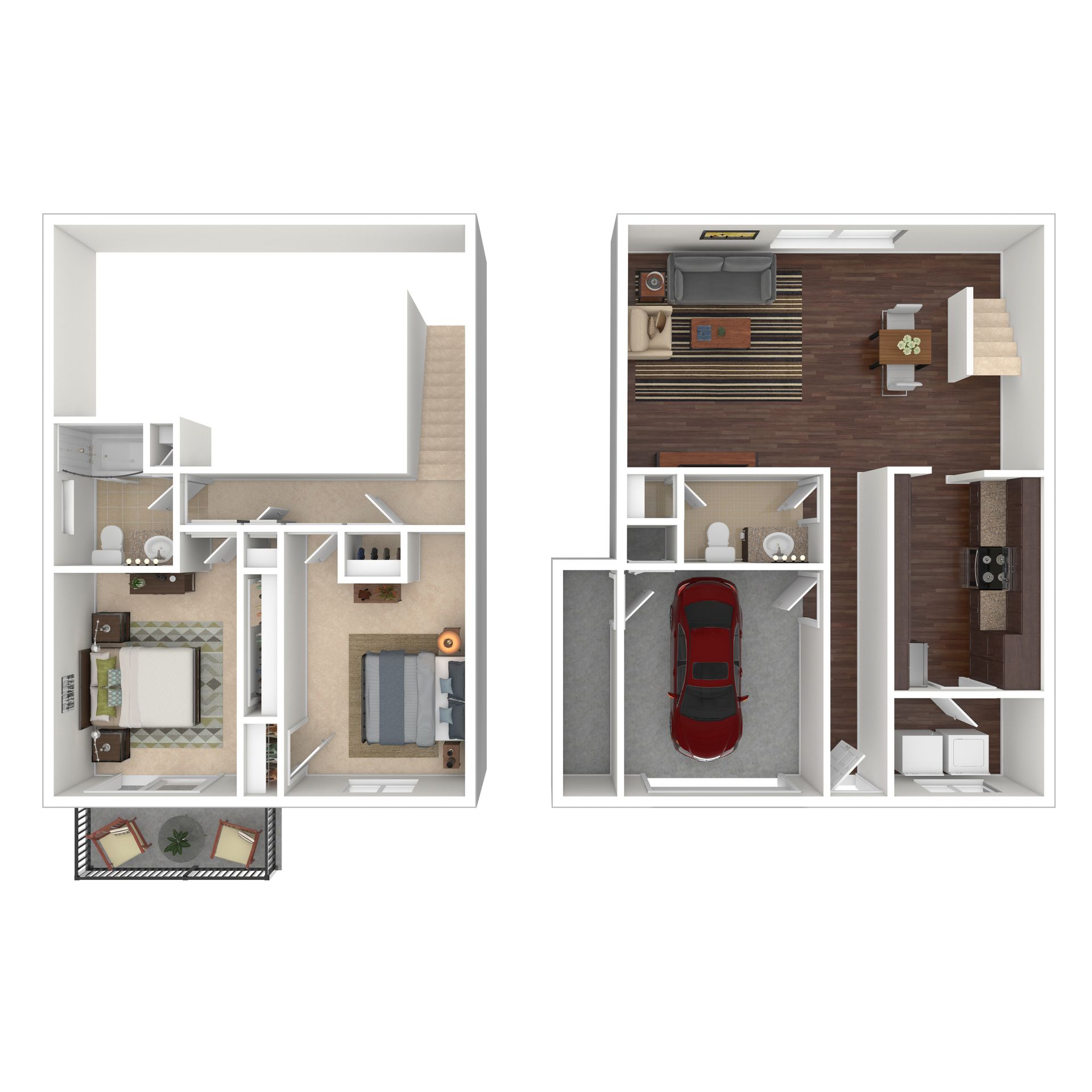 Floor plan: Two-story townhouse with bedrooms, living area, kitchen, garage, and balcony.