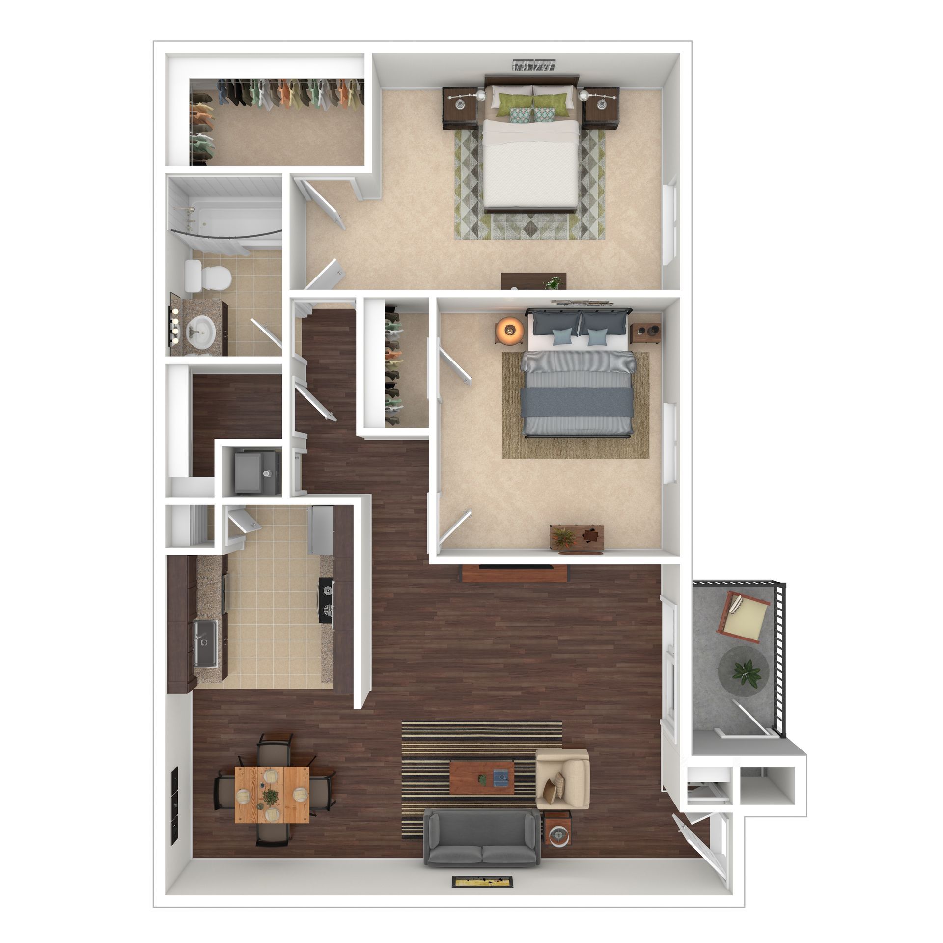 Floor plan of a two-bedroom apartment with a living room, kitchen, bathrooms, and balcony.