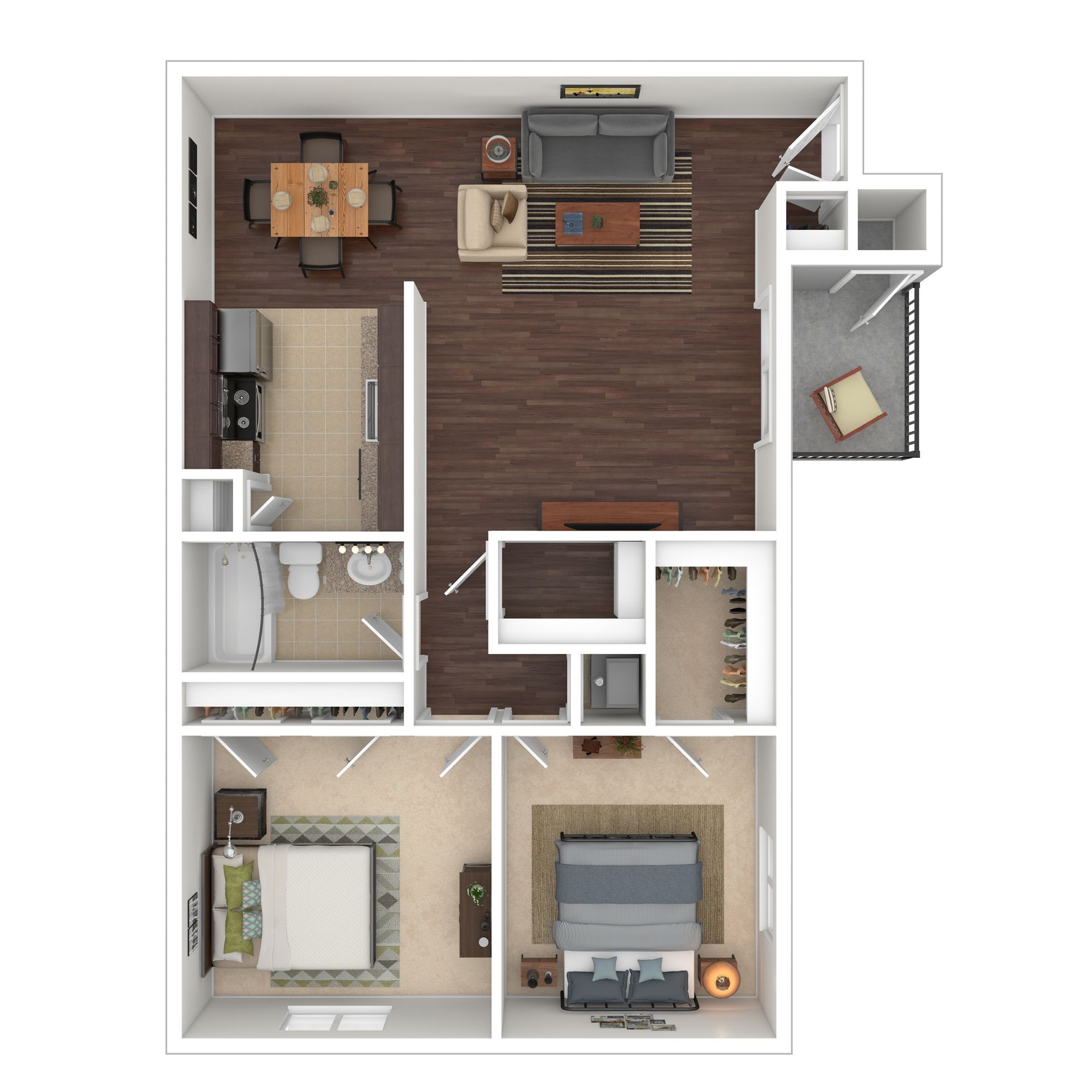 Floor plan of a two-bedroom apartment with kitchen, dining area, living room, bathroom, and balcony.