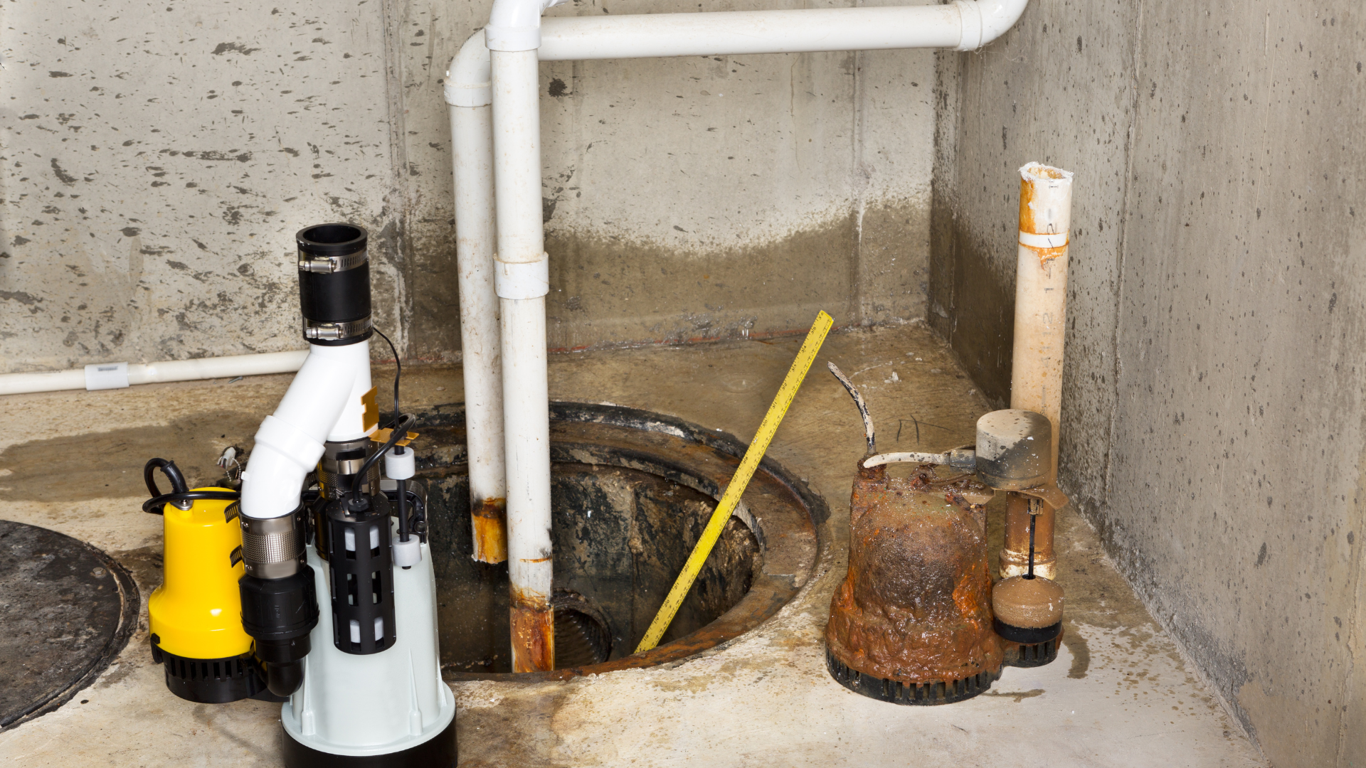 A pump is sitting next to a drain in a basement.