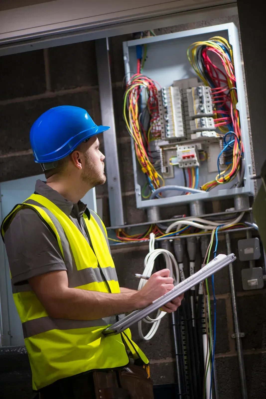 Electrician in hard hat and vest inspecting electrical panel, writing notes in a dimly lit room.