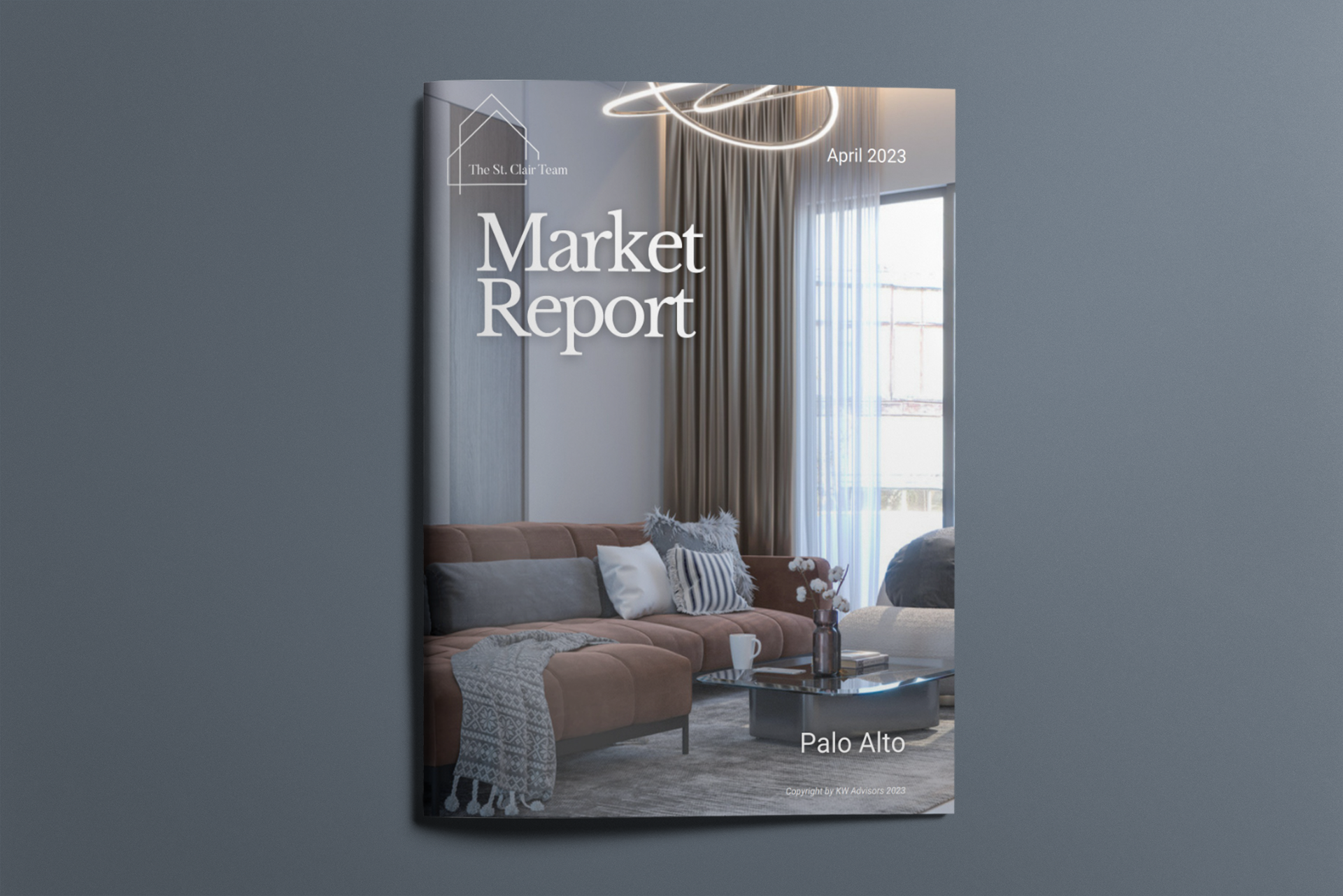 A living room with a couch and a coffee table on the cover of a market report.