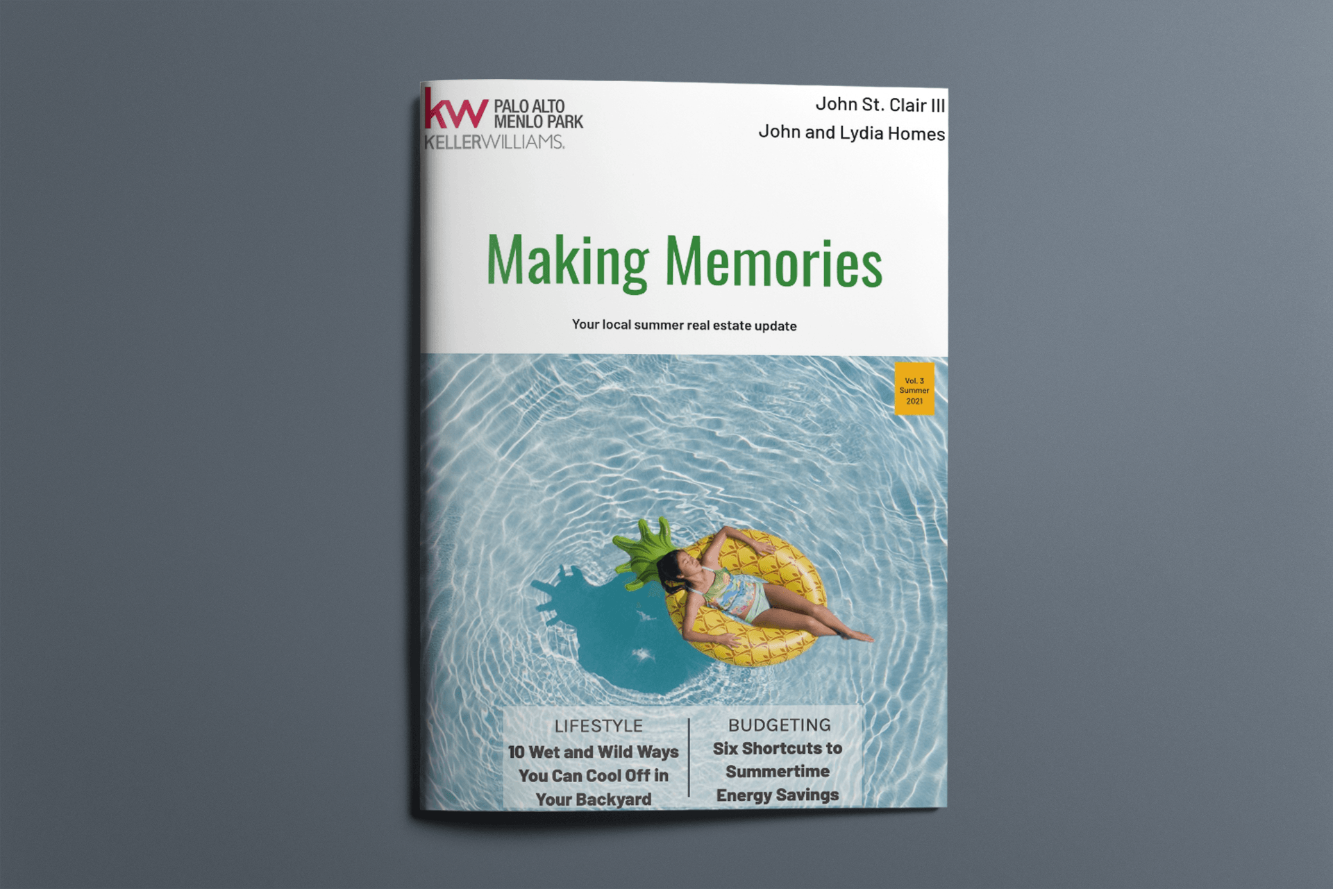 A magazine cover with a woman floating on a life preserver in a pool.