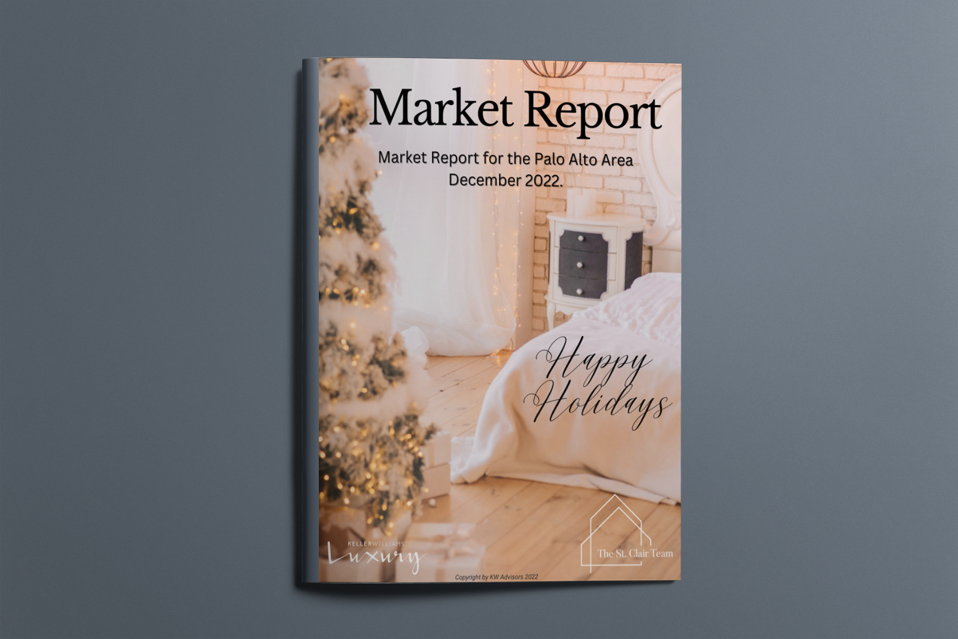 A market report with a christmas tree on the cover is sitting on a table.