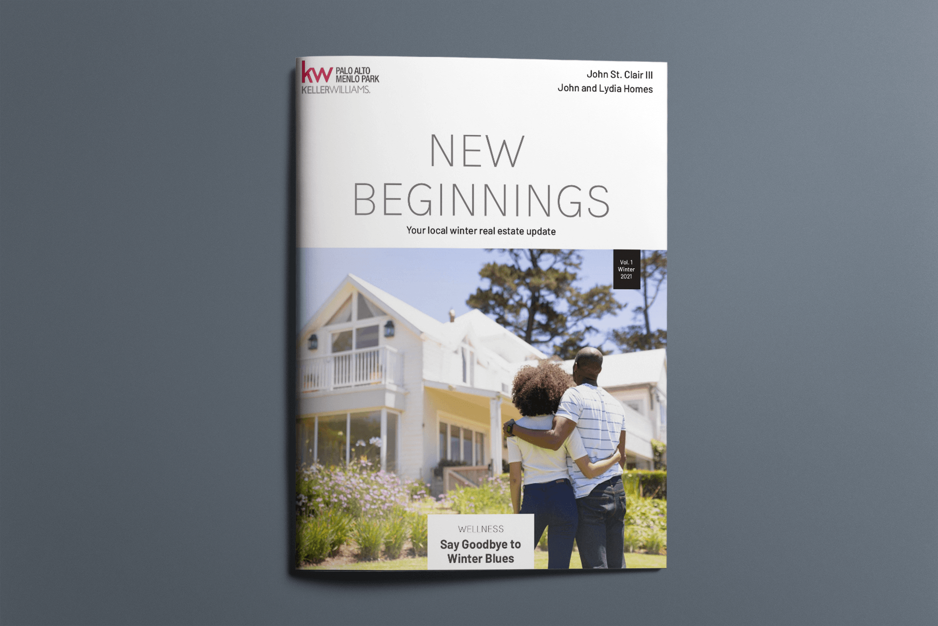 A book titled new beginnings with a couple hugging in front of a house.