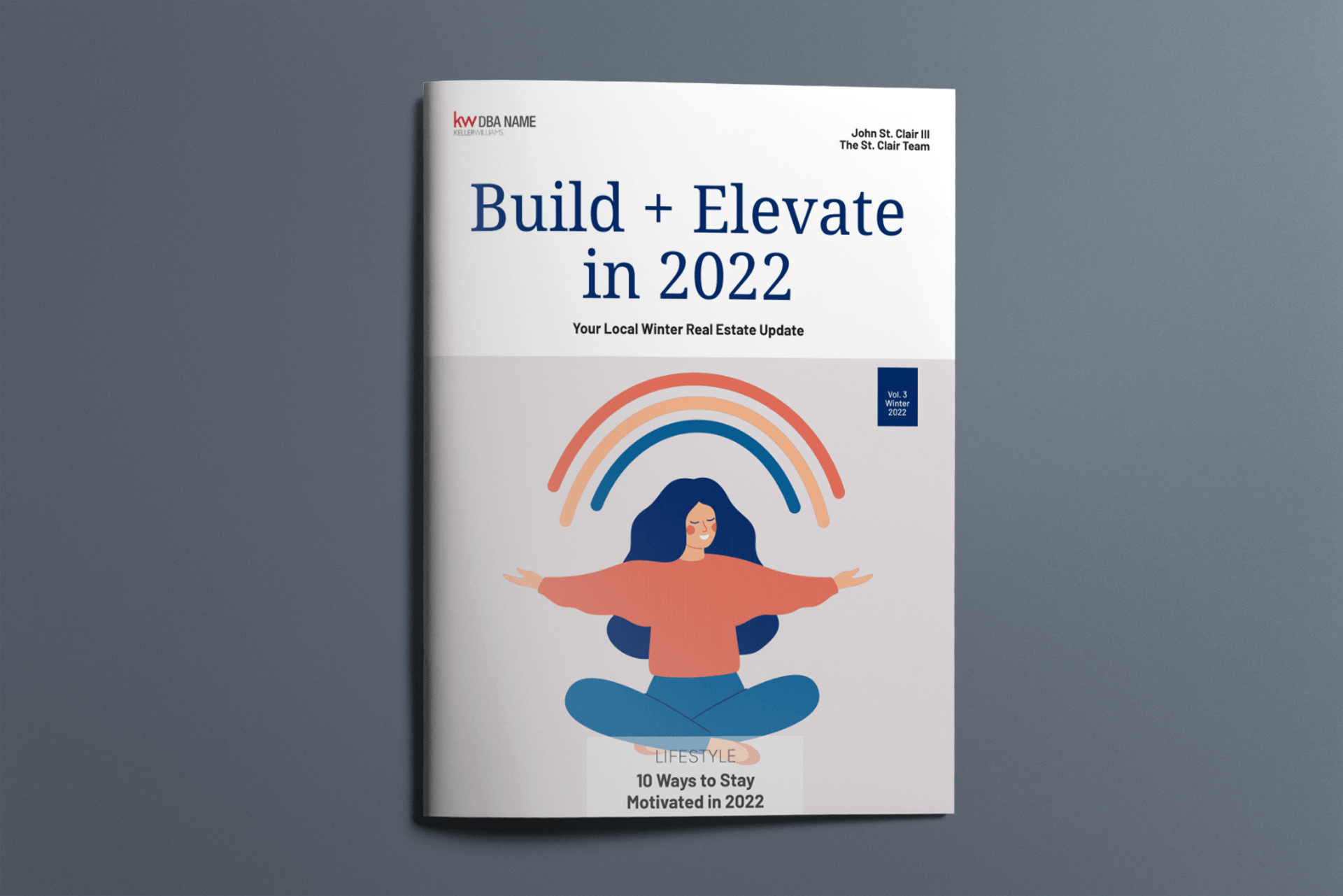A book titled build + elevate in 2022 with a woman sitting in a lotus position on the cover.