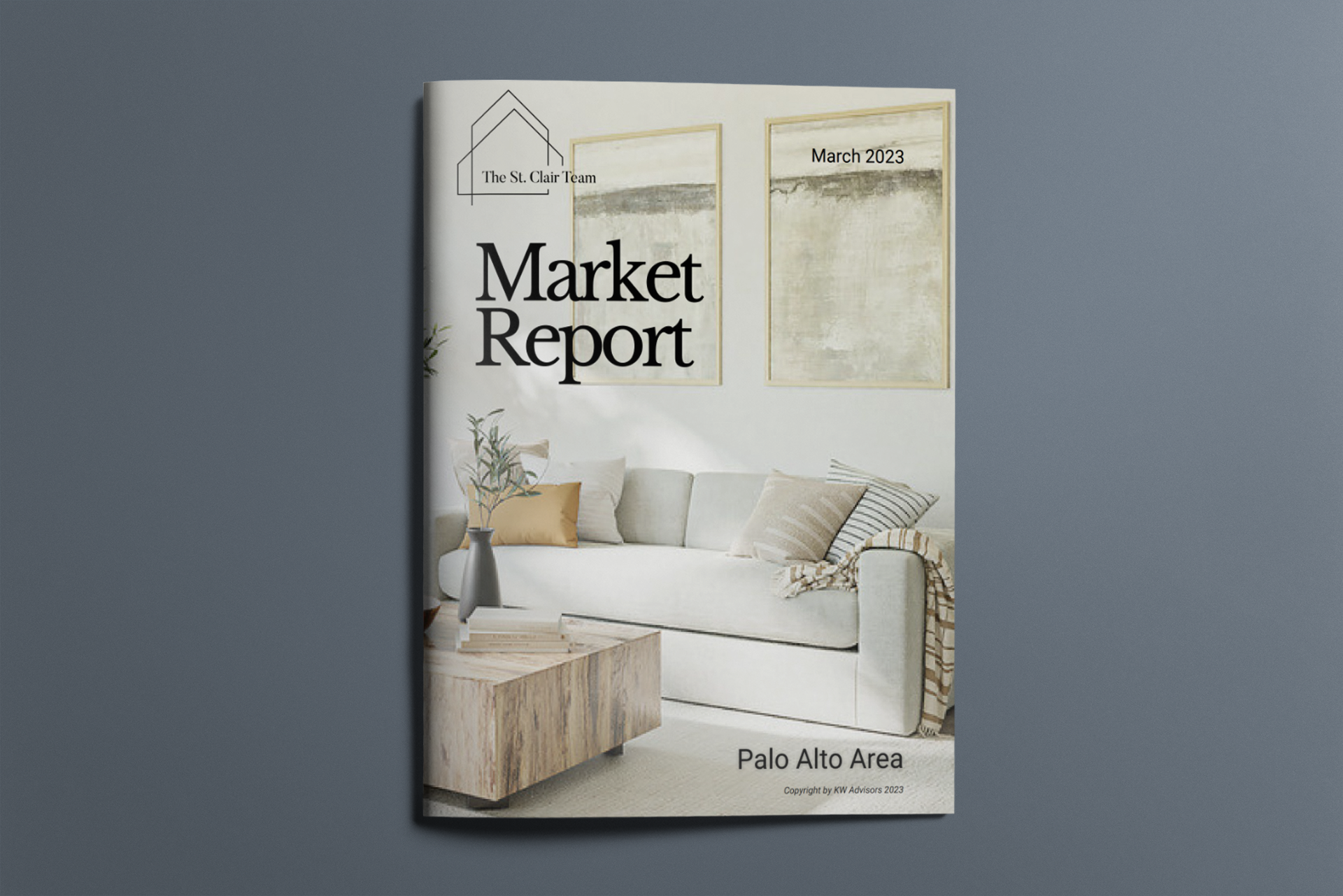 A market report shows a living room with a white couch and a wooden table.