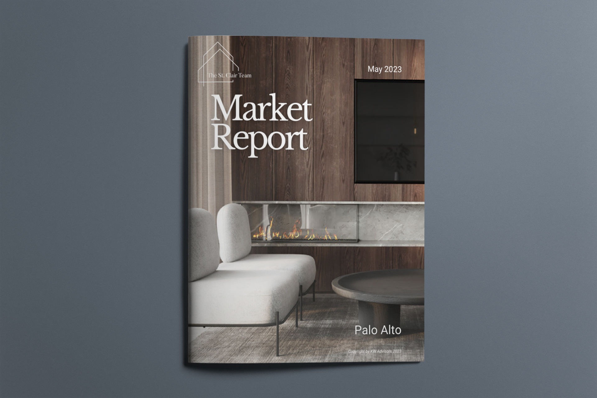 A market report with a living room and a fireplace on the cover.