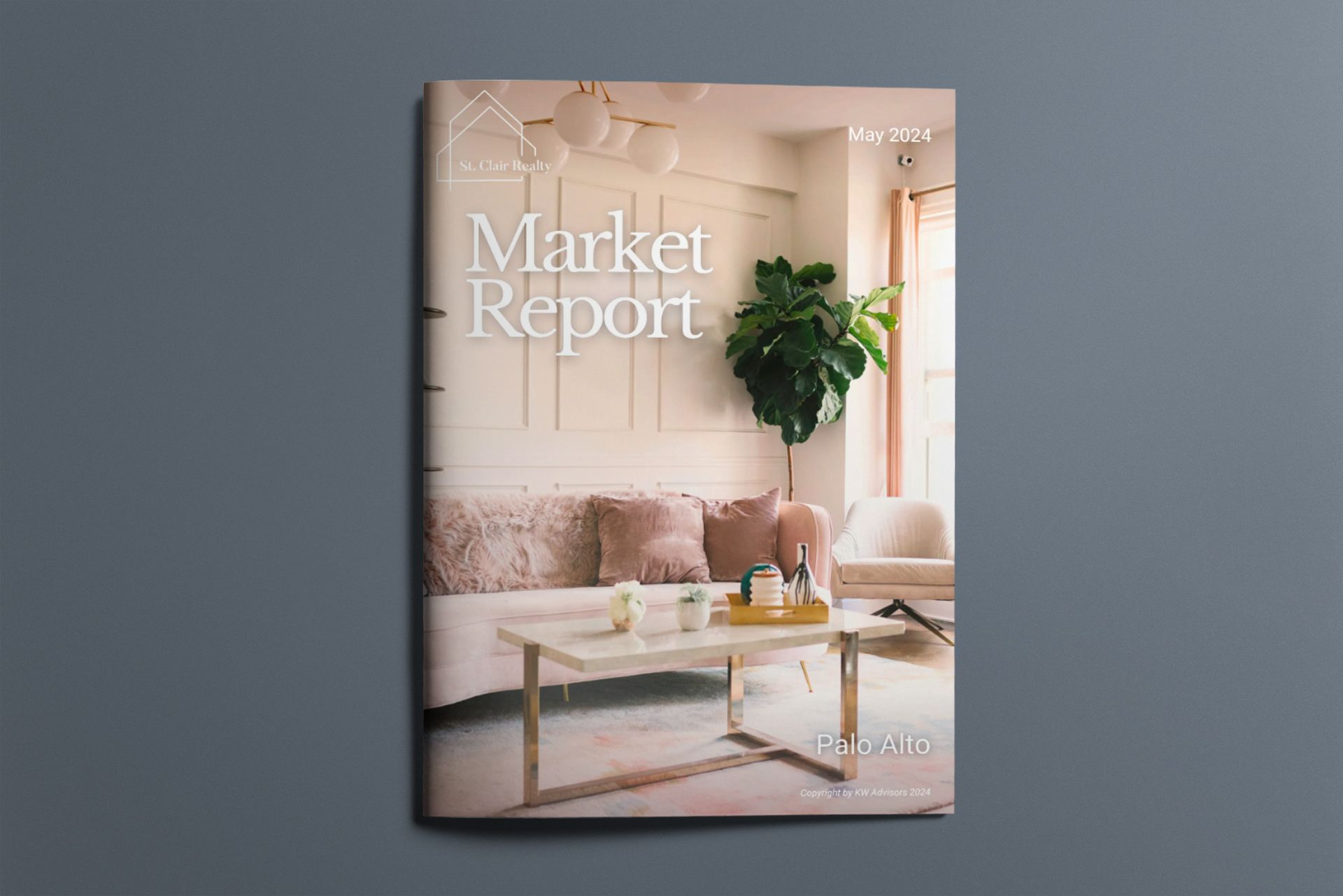 A living room with a couch and a coffee table on the cover of a market report.