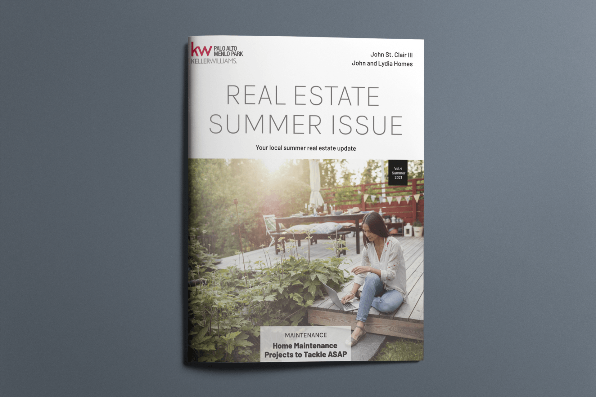 A real estate summer issue with a woman sitting on a deck.