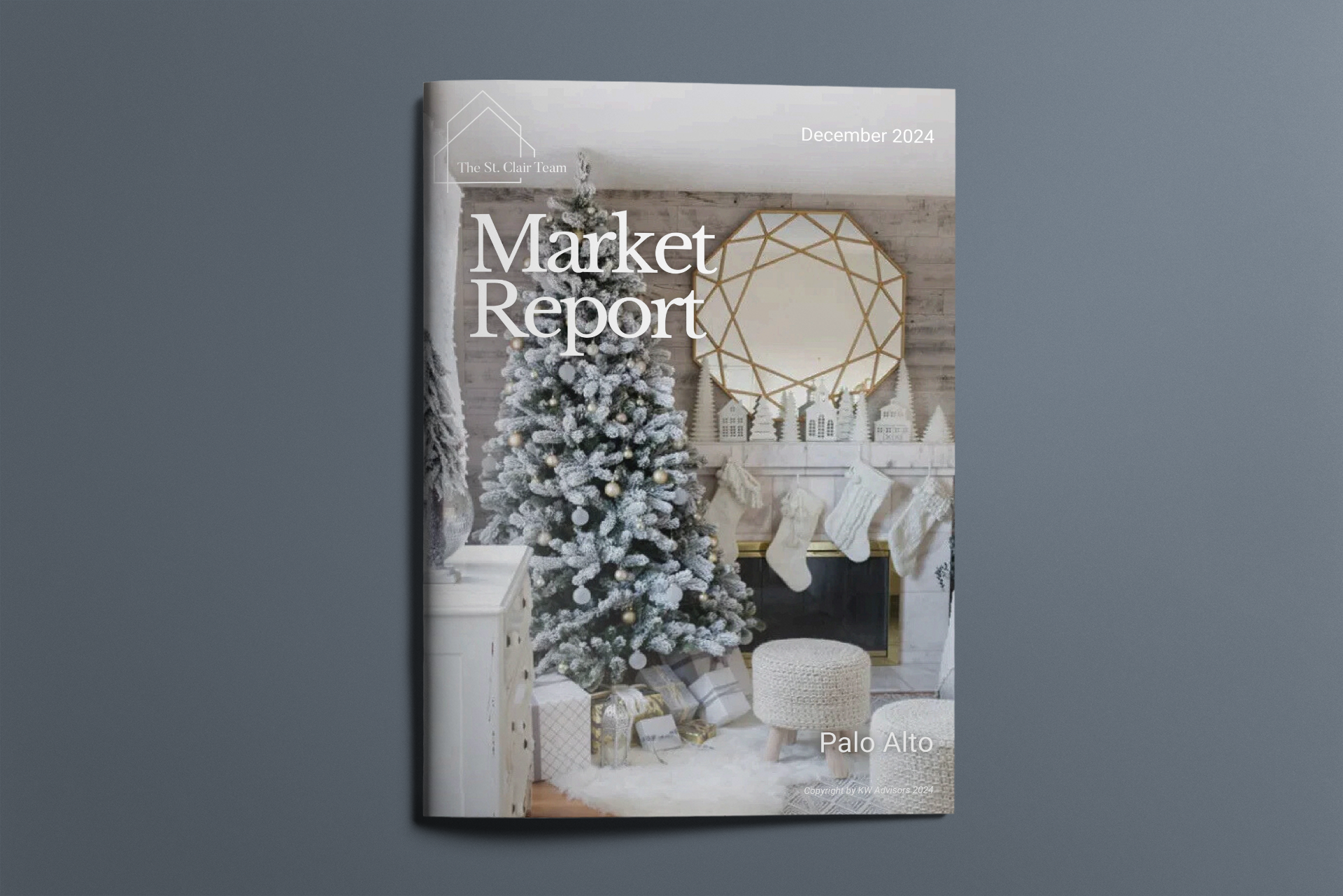 A market report with a christmas tree and fireplace on the cover.