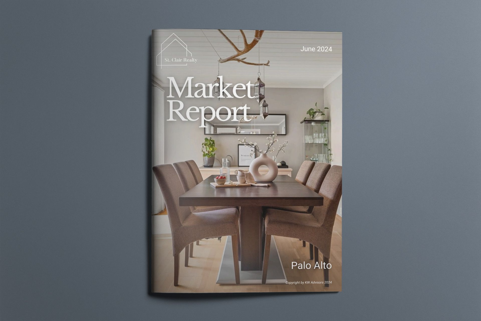 A dining room with a table and chairs on the cover of a market report.
