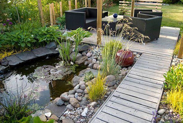 A wooden walkway leading to a pond in a garden.