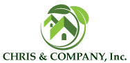 The logo for chris & company , inc. has a house and leaves in a circle.