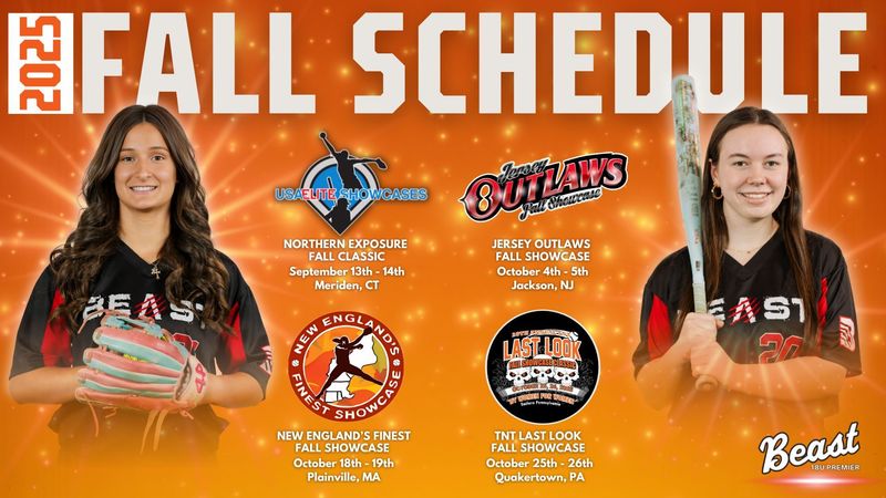 2025 softball fall schedule featuring two team members, tournament logos, dates, and locations on a bright orange background.