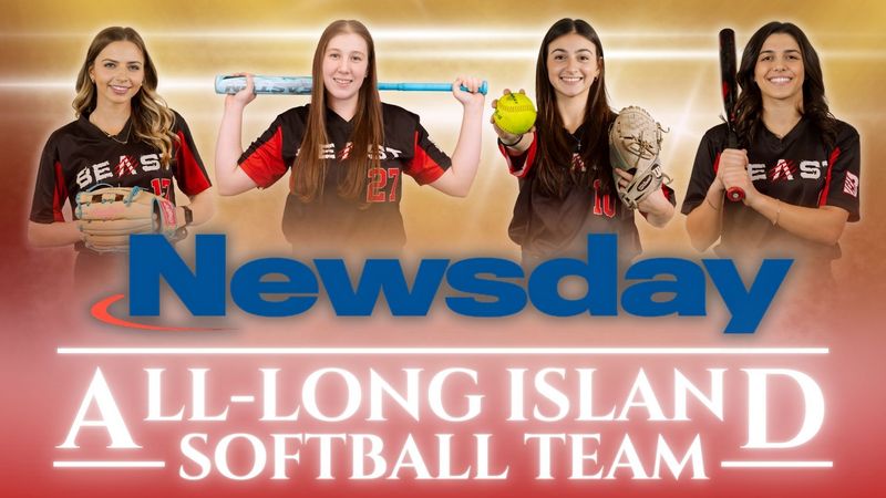 Four softball players in black and red uniforms pose in front of a Newsday All-Long Island Softball Team banner.