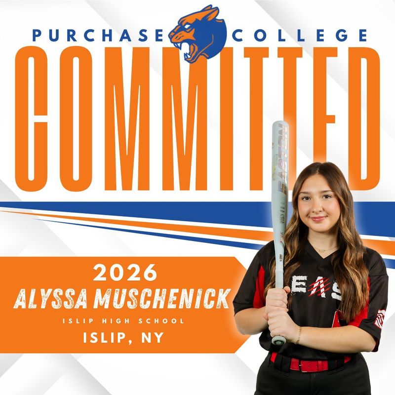A student athlete holds a bat, announcing her commitment to Purchase College for the class of 2026.