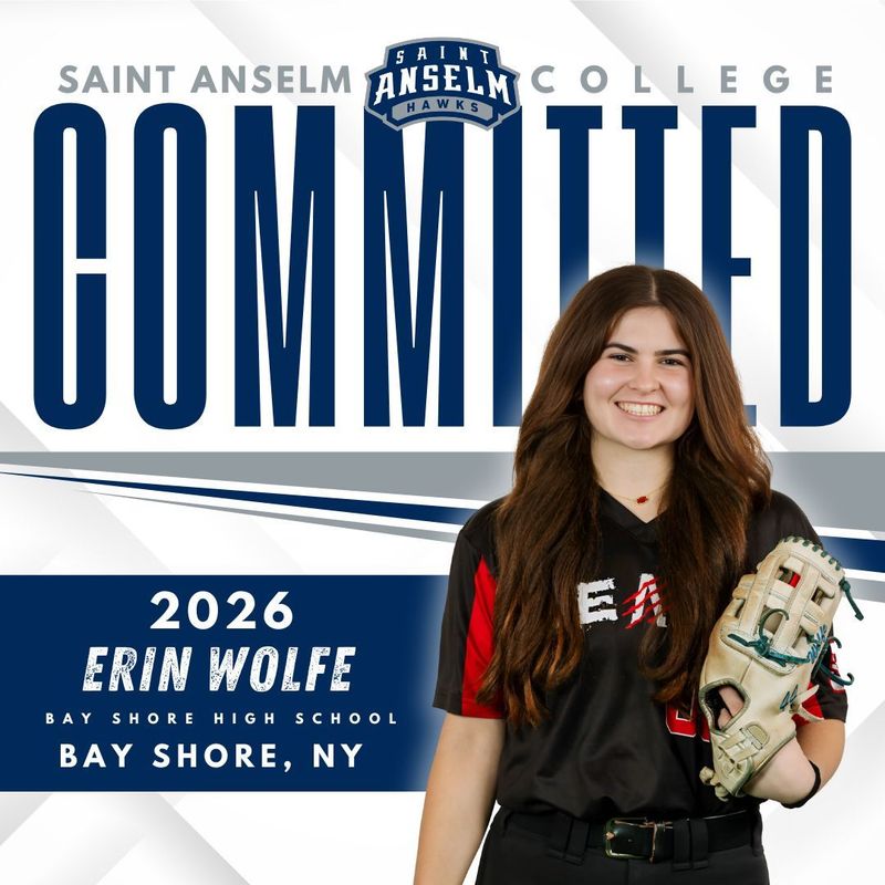 A smiling student athlete in a softball jersey holding a glove, announcing her commitment to Saint Anselm College.