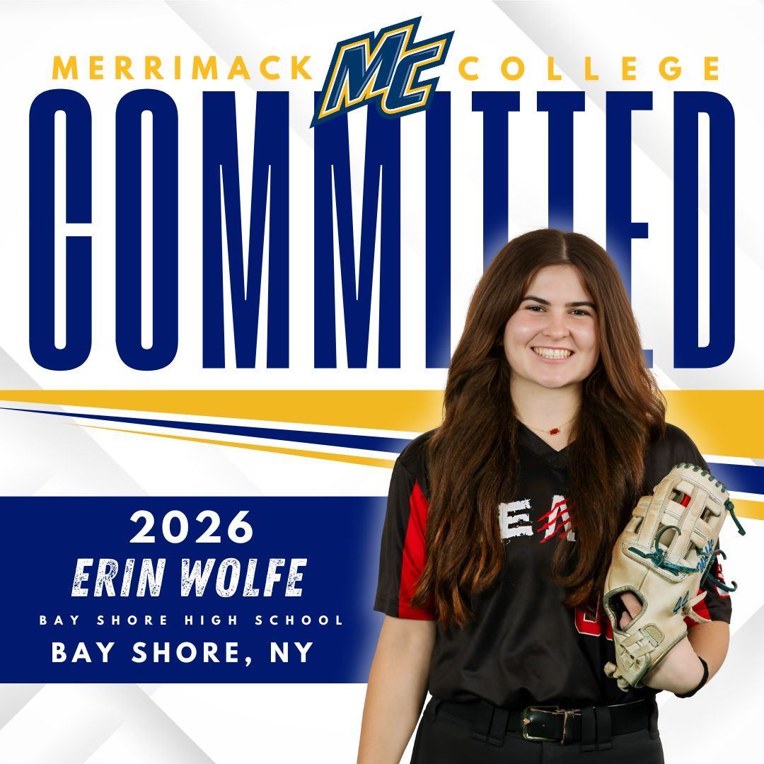 A graphic announcing Erin Wolfe from Bay Shore High School has committed to Saint Anselm College. She holds a glove.