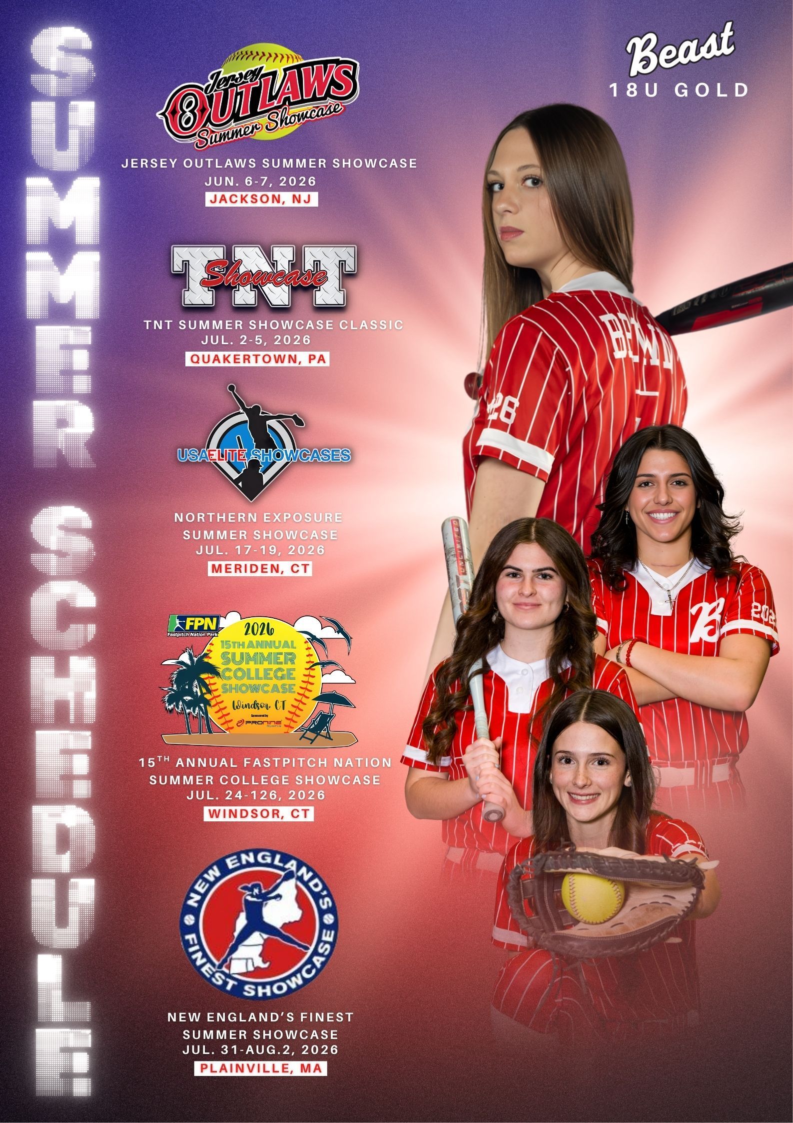 2025 softball fall schedule flyer with two players, event dates, locations, and team logos on a dark orange background.