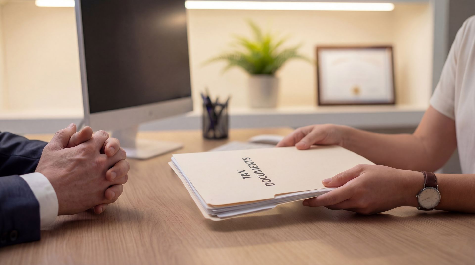 Accountant handing a client a financial document folder during a tax consultation meeting in a professional office Accountant handing a client a financial document folder during a tax consultation meeting in a professional office