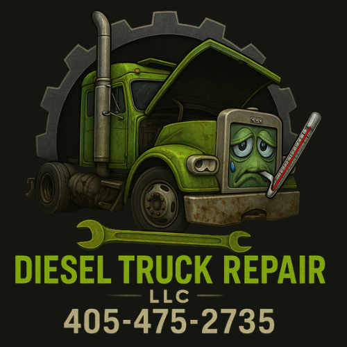 Green cartoon truck with a sad face, thermometer, and open hood, logo for diesel truck repair.