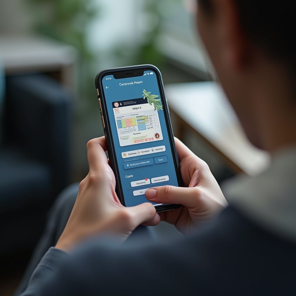 Person holding a smartphone displaying a map and app controls.