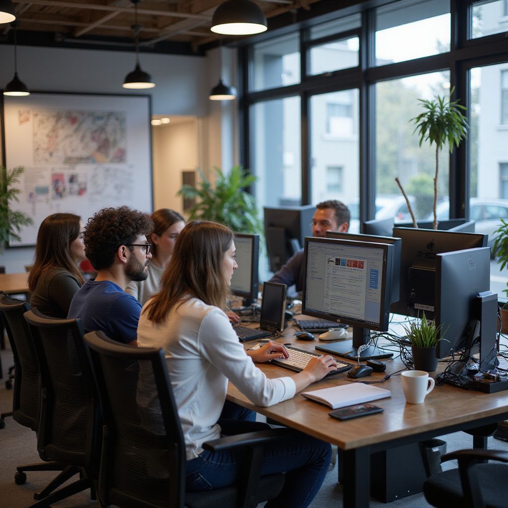 People working at desks in a modern office with computers, plants, and large windows.