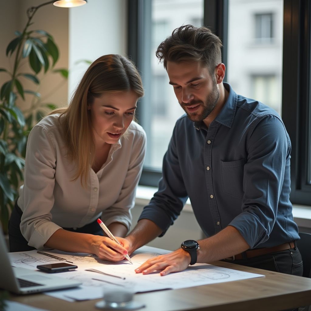 Woman and man leaning over blueprints, focused, lit by overhead lamp in office.