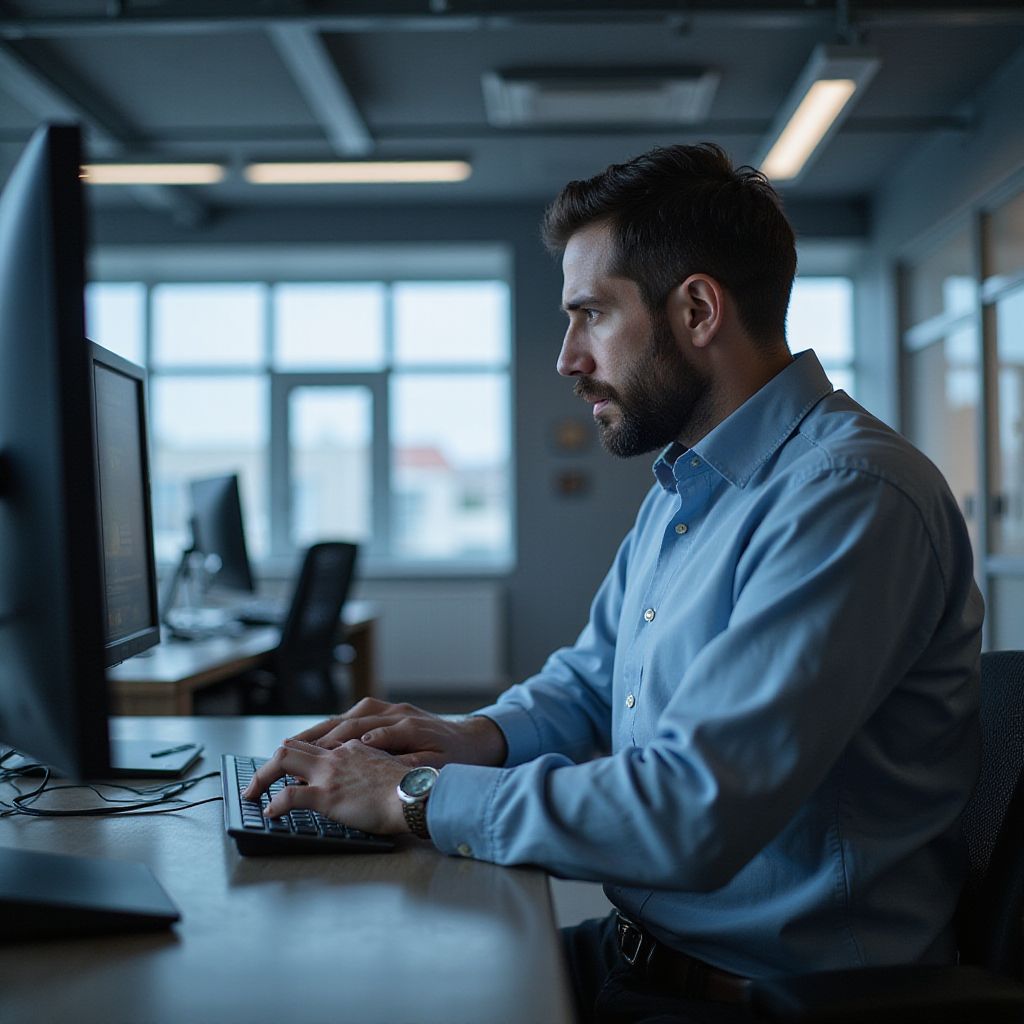 Man typing at a computer in an office, wearing a blue shirt, focused, indoors, lit by overhead lights.