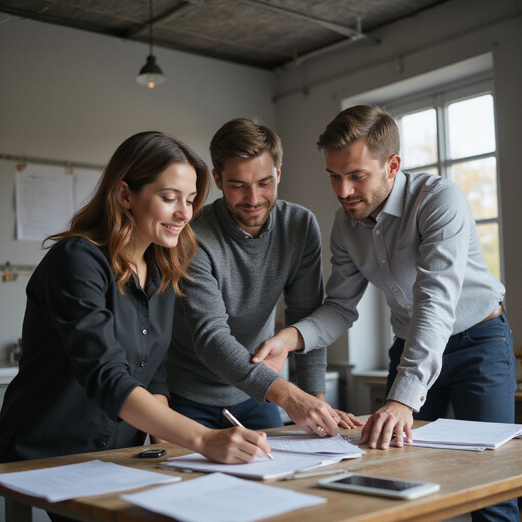 Three people collaborating over paperwork at a wooden table in an office setting.