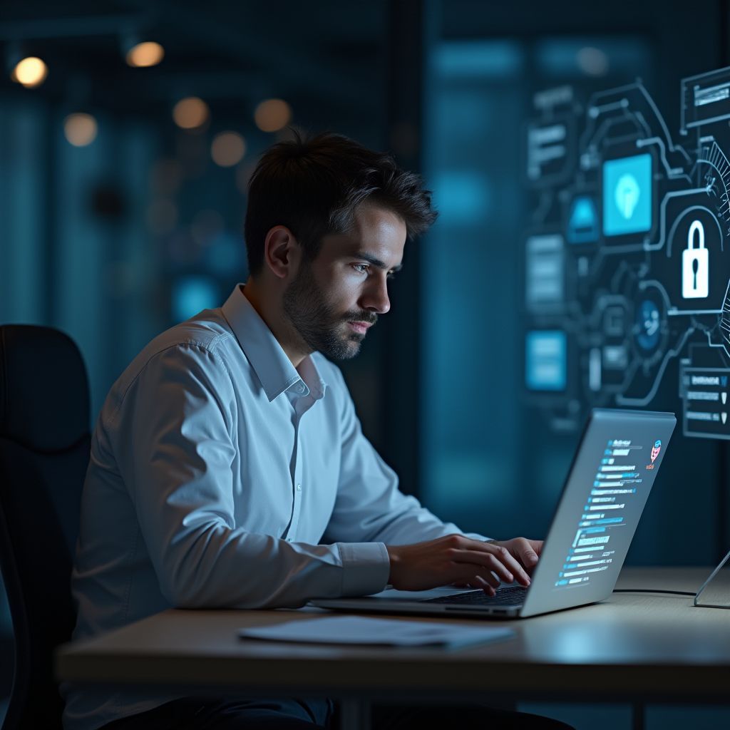 Man working on laptop, facing a digital display with security icons, in a dimly lit office.