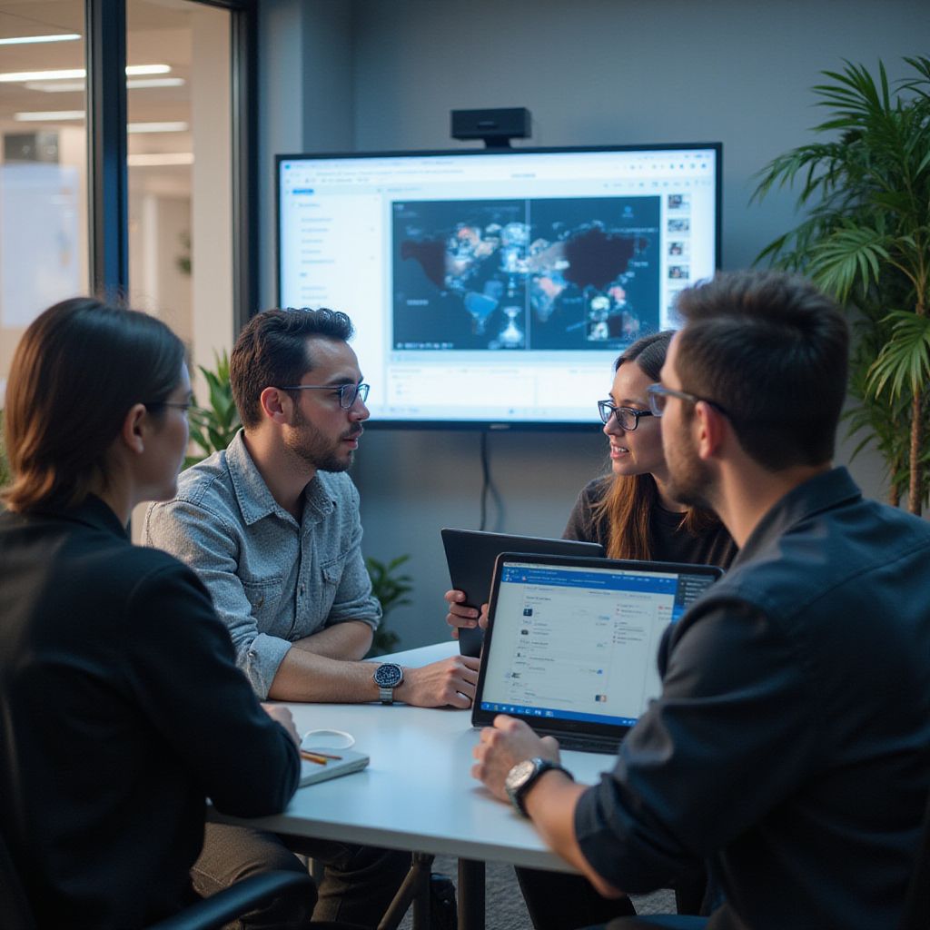 Four people in a meeting, looking at a large screen with a world map and a laptop.