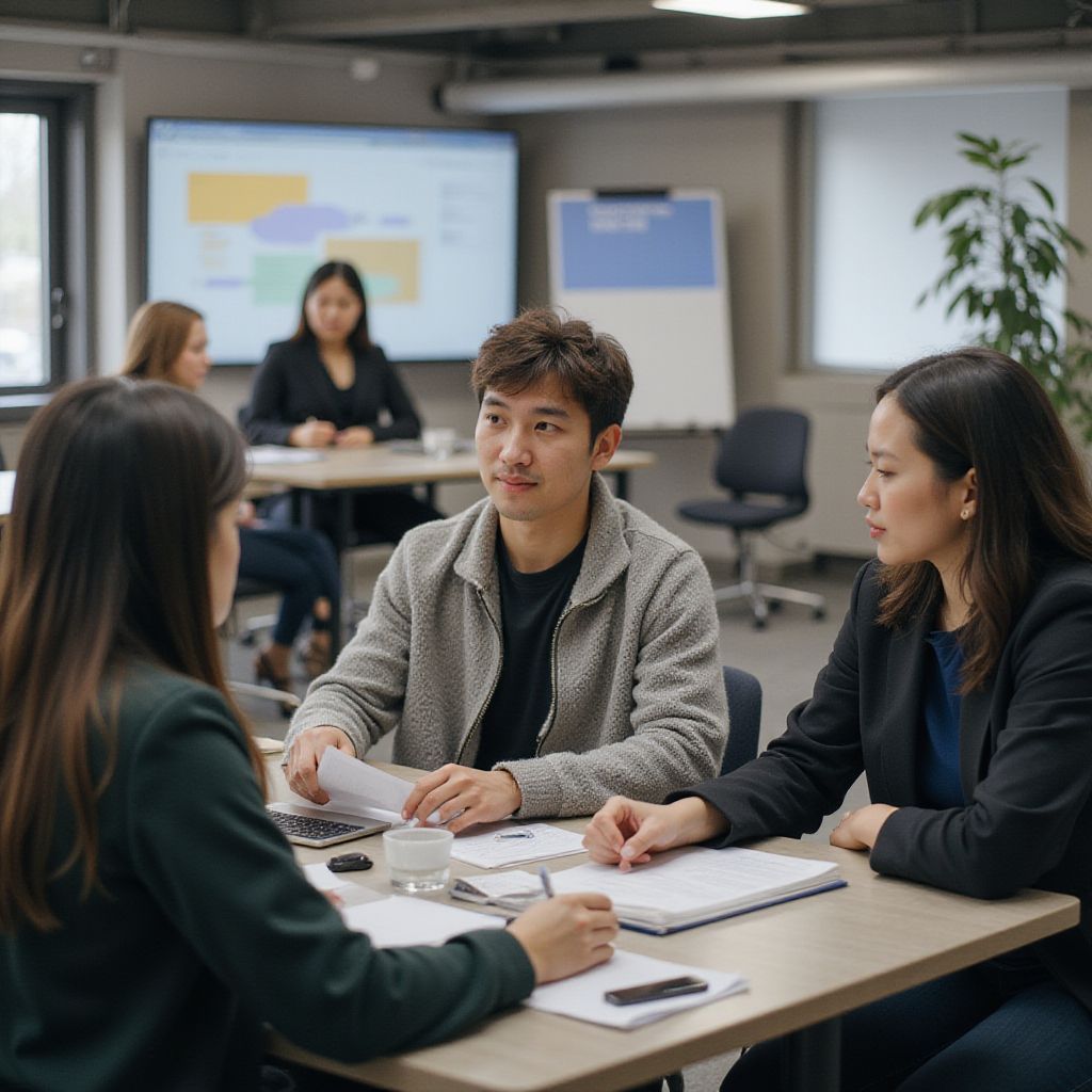 People in a meeting room, discussing documents at a table. A large screen and whiteboard are in the background.