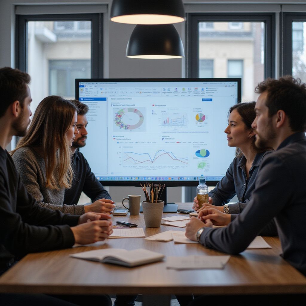 Five people in a meeting, looking at charts on a large screen. They are seated at a table in an office.