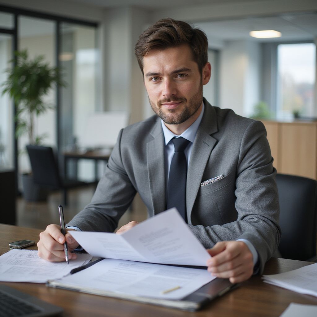 Man in a suit reviews documents at a desk in an office setting.