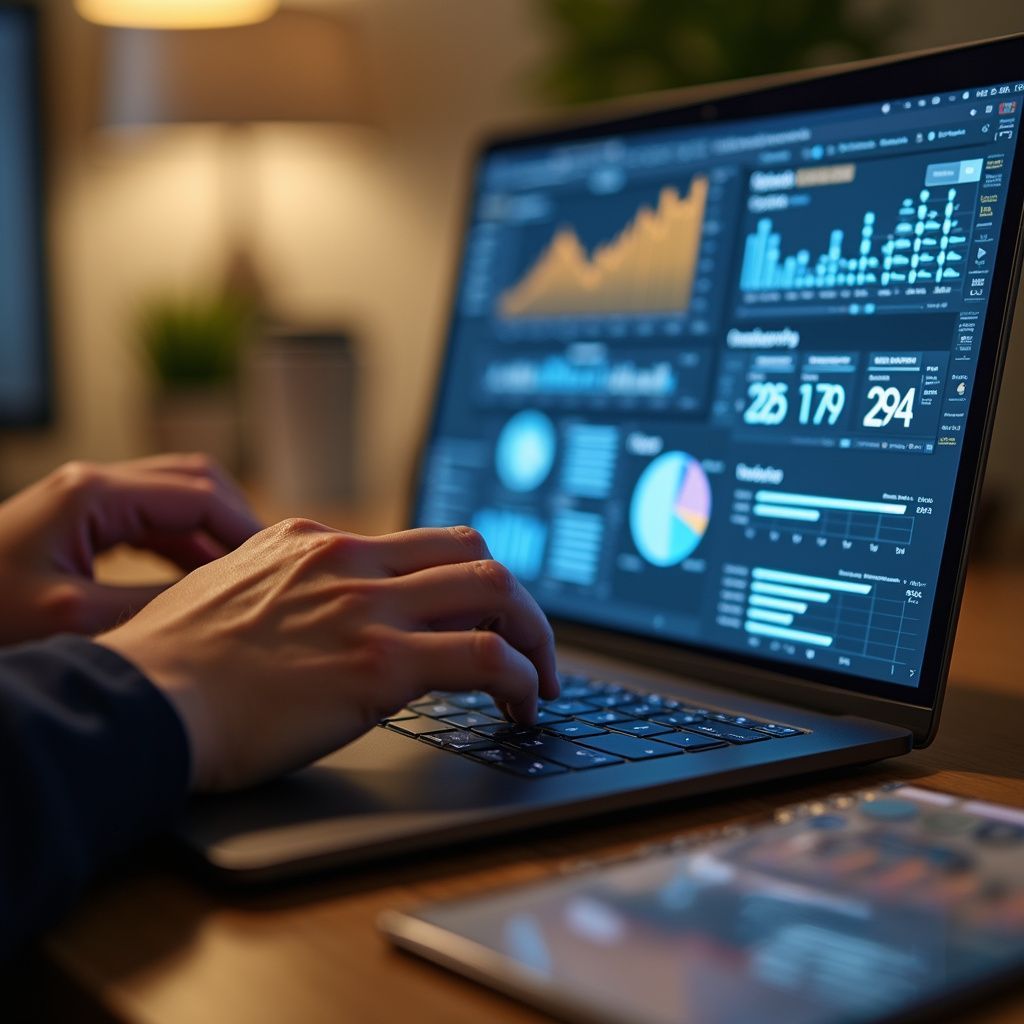 Hands typing on a laptop displaying data charts and graphs, in an office setting.