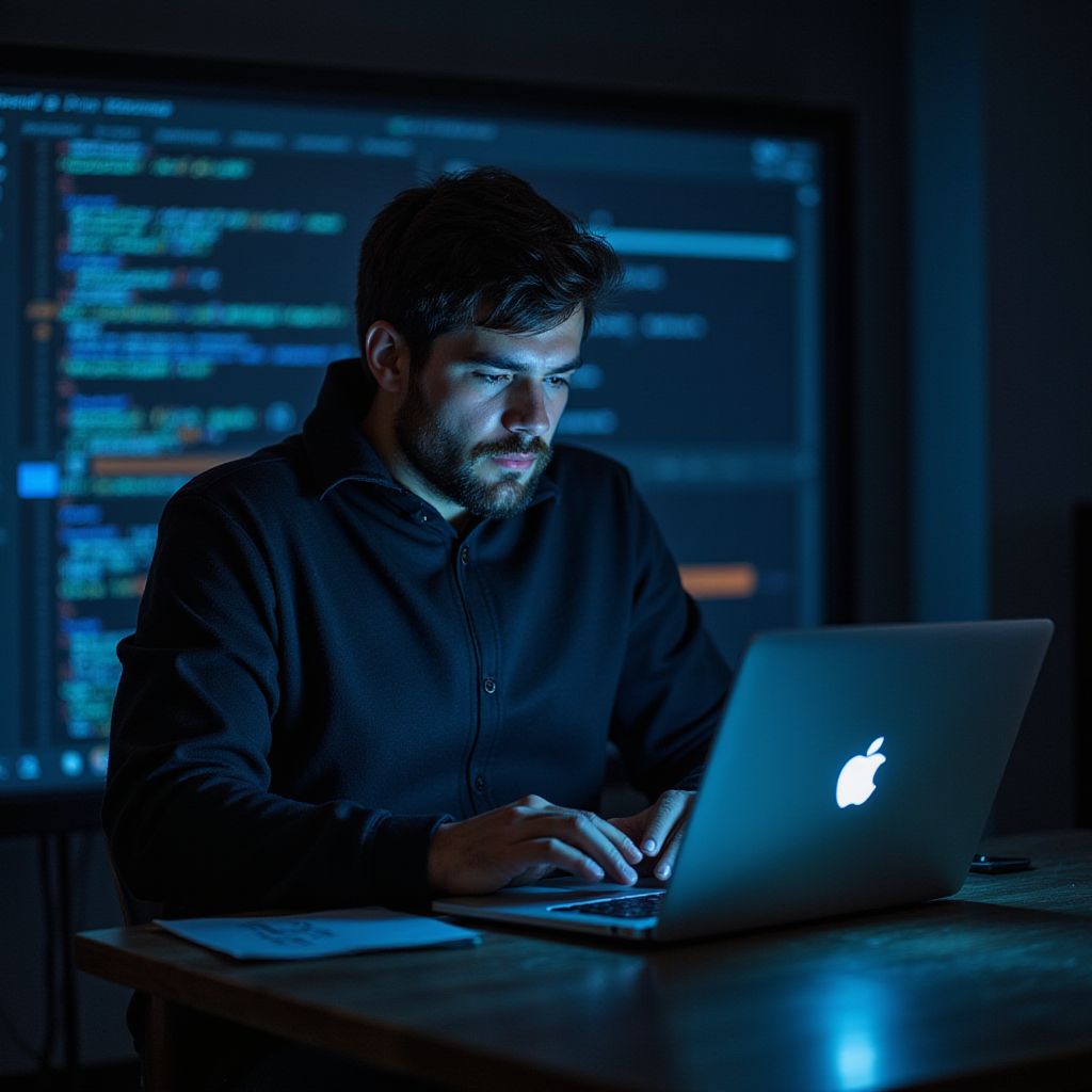 Man coding on a laptop in front of a screen displaying code, dimly lit room.