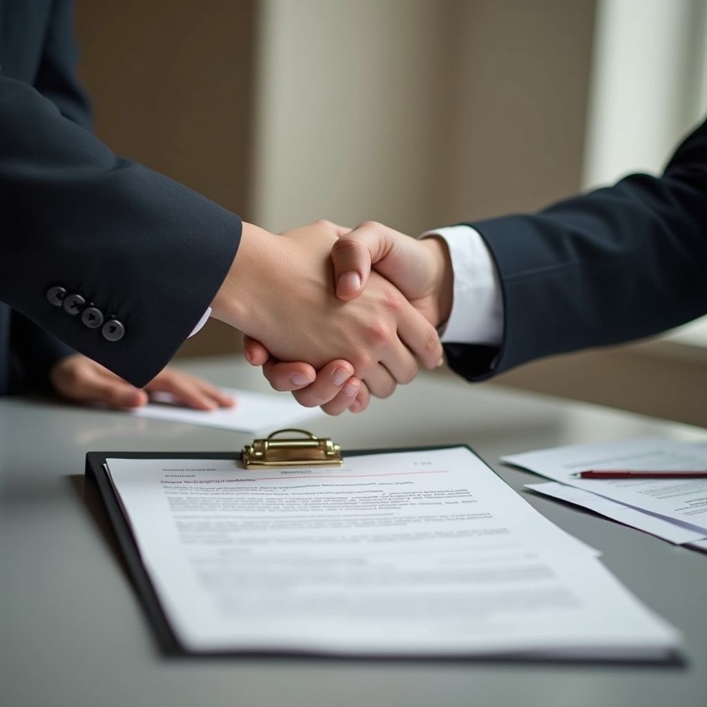 Two people in suits shaking hands over a contract on a table.