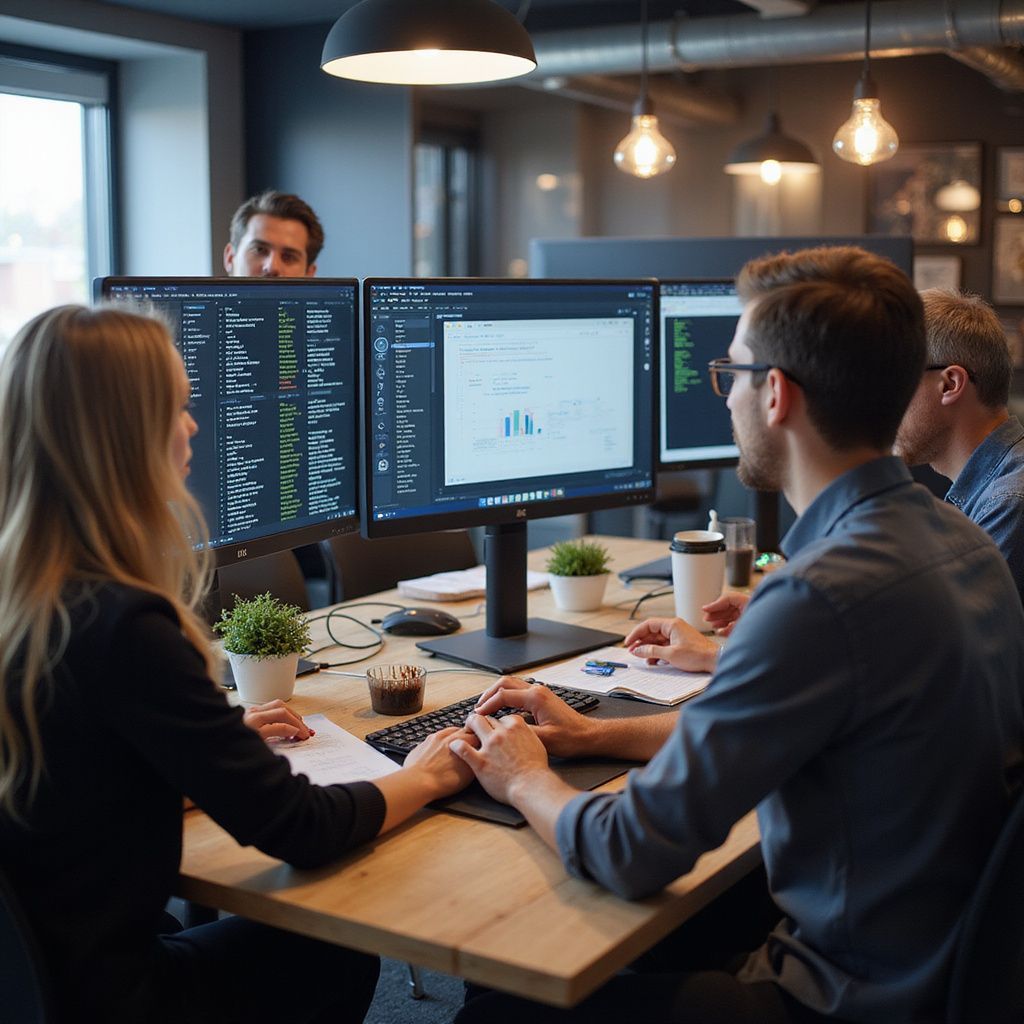 People collaborating around a computer with multiple monitors in an office setting.