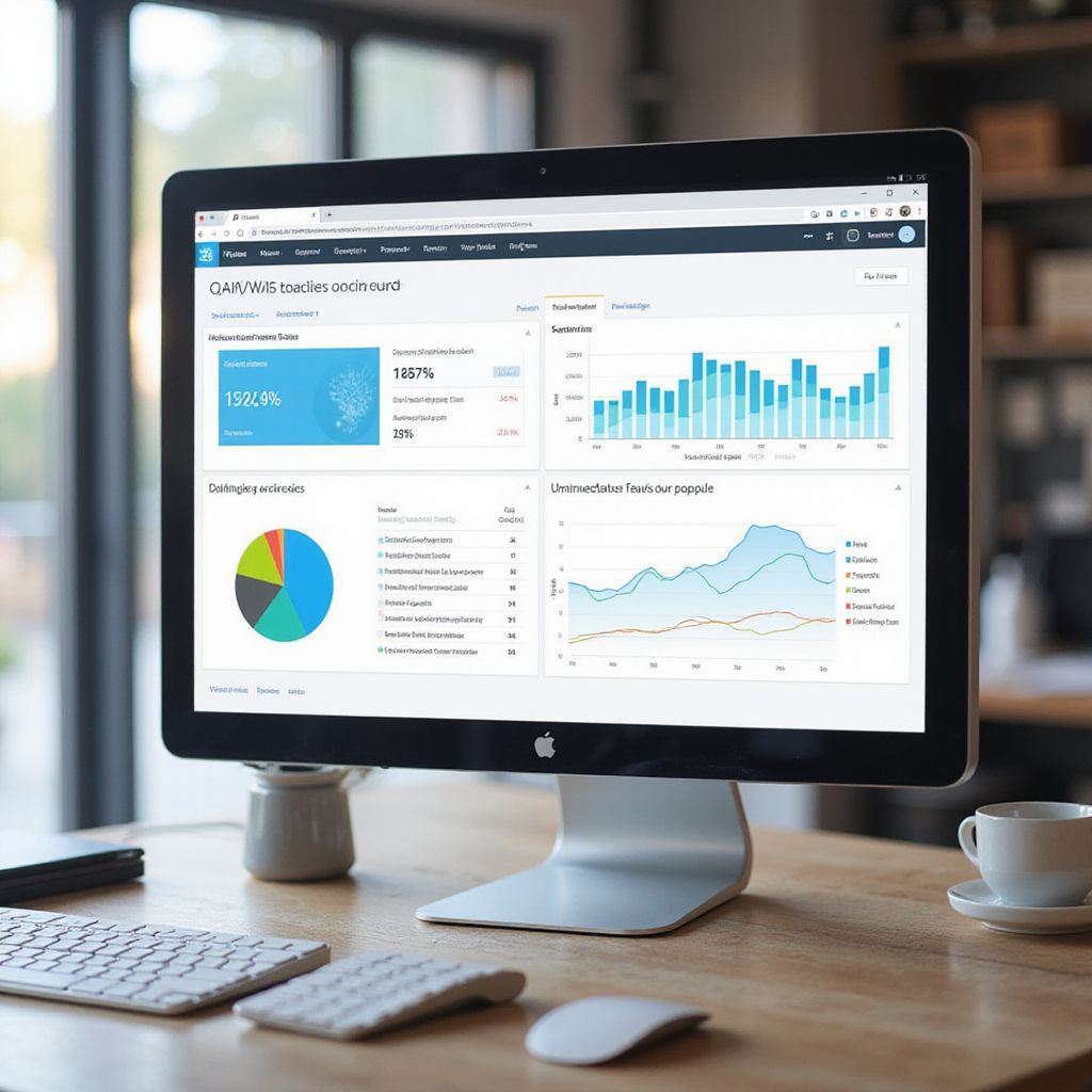 Computer monitor displaying business data dashboards on a wooden desk.