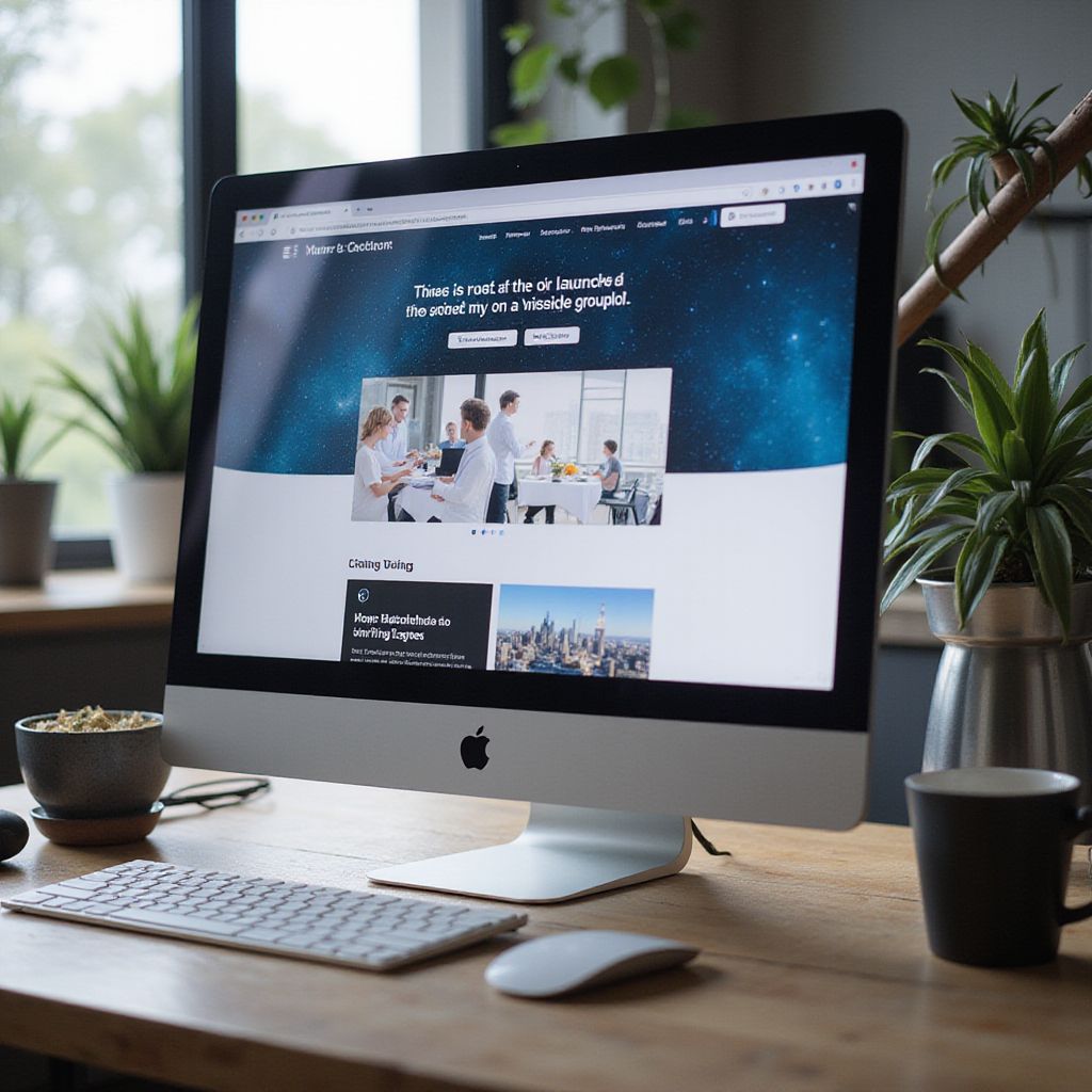Desktop computer displaying a website, keyboard, and mouse on a wooden desk with plants and a mug.