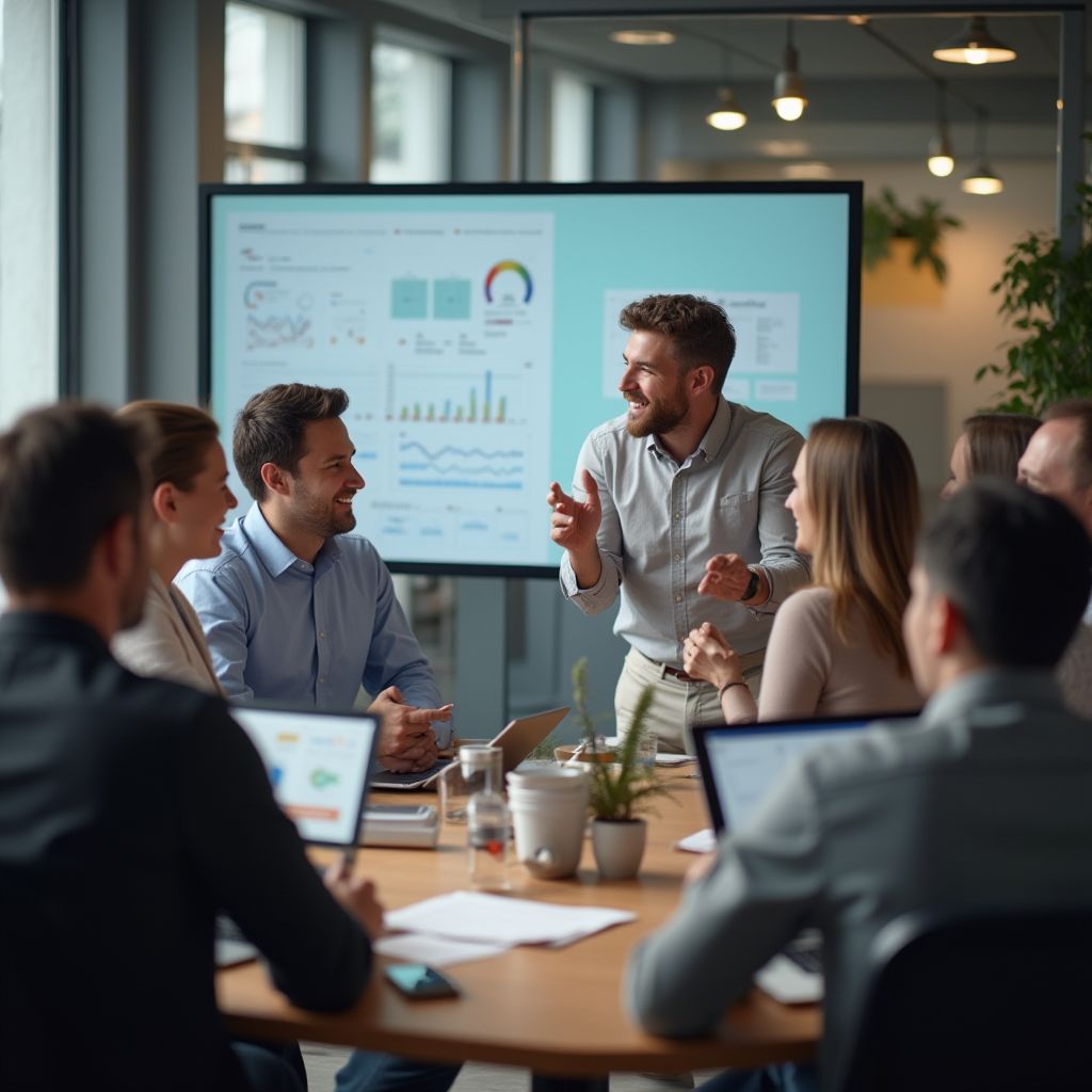 Business meeting with a man presenting data on a screen, team members at a table.