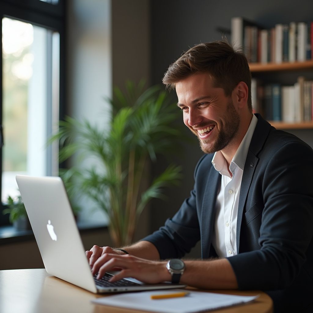 Man in blazer smiles while typing on a laptop at a desk with a window and bookshelf in the background.