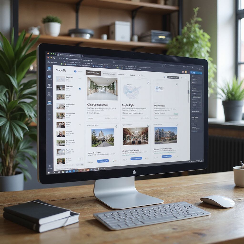 Desktop computer displaying a website with property listings, on a wooden desk with keyboard, mouse, and notebook.